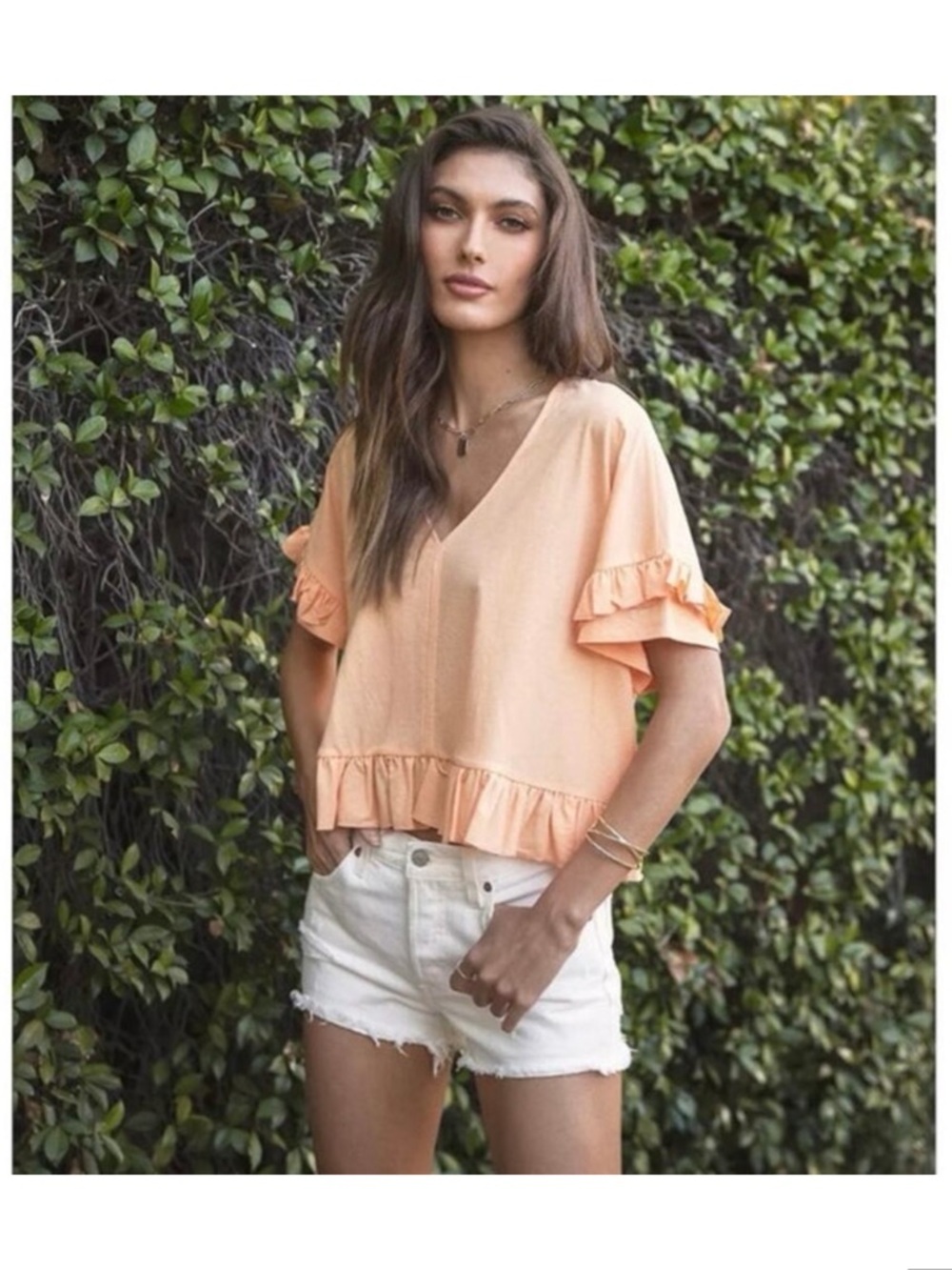 bishop + young Peach Ruffle V-Neck Blouse